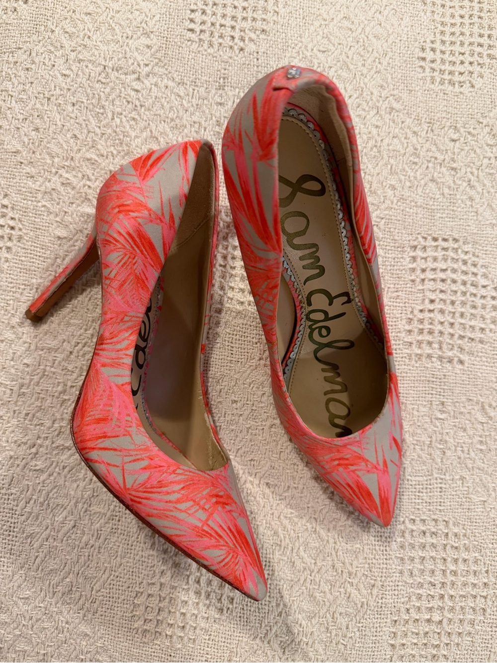Sam Edelman Coral and Beige Palm-Print Pointed-Toe Heels